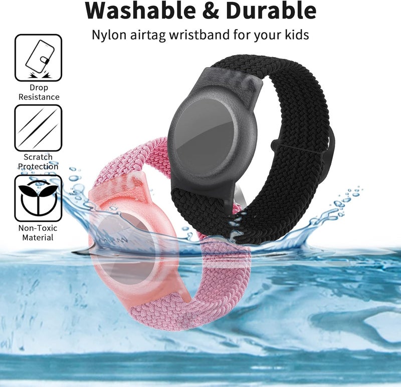 FNCOLL 2 Pack Kids Wristband for AirTag, Nylon Watch Band GPS Tracker Holder Protective Case Compatible with Apple Air Tag, Adjustable Anti-lost Bracelet for Toddler Baby Children Elders - Image 2
